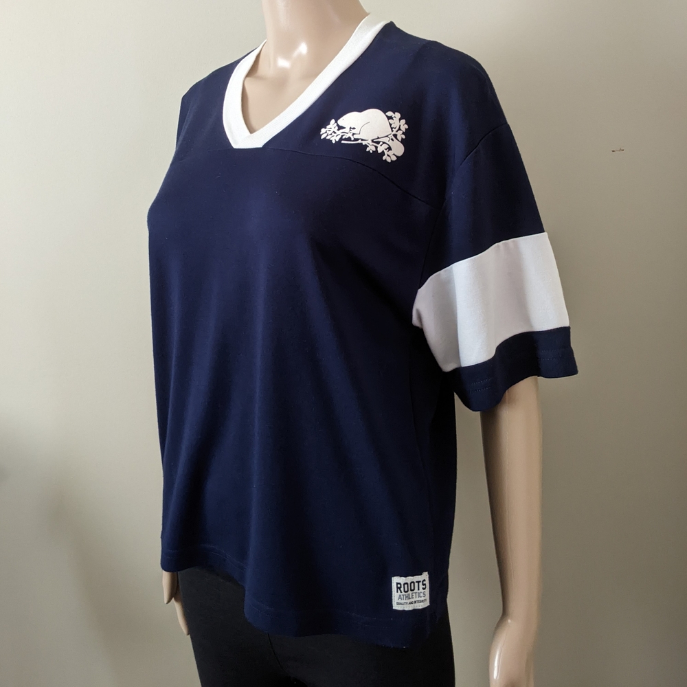 Vintage Roots Blue and White Short Sleeve Jersey, Size Small